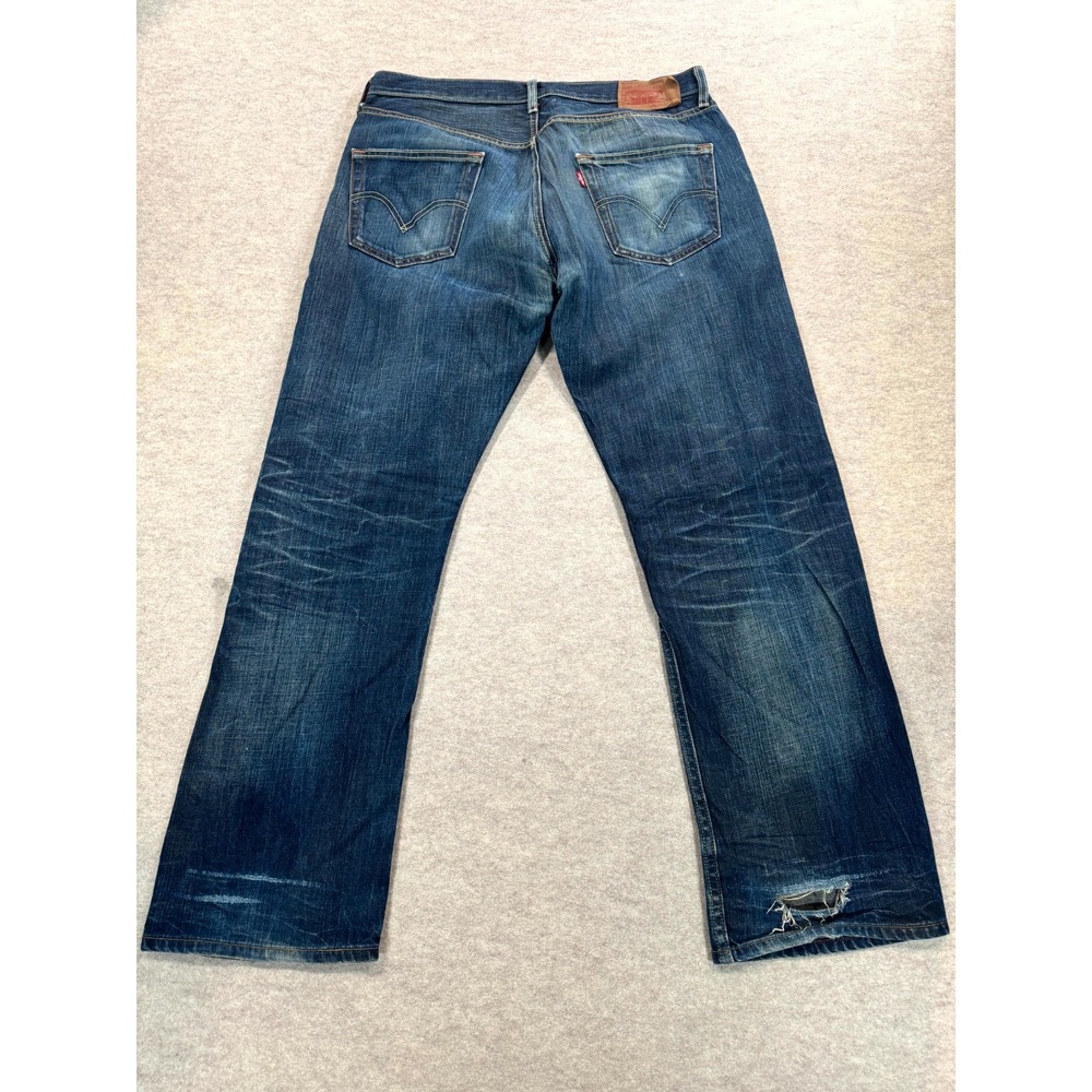 Levis 501 Jeans Mens 36x32 Blue Whiskered Denim Straight Leg Dark Wash Logo - Picture 2 of 15